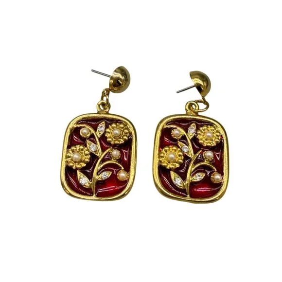 Earrings Dangle Floral Rhinestone Faux Pearls Enamel Asian Gold Tone - Picture 3 of 7